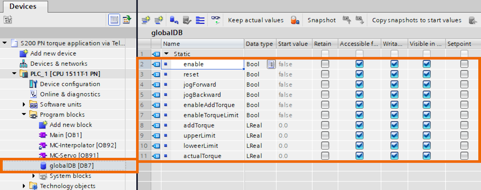 Figure 5.10: Applying torque to Siemens S200 servo drive using position axis technology object - Creating related variables for the global data block