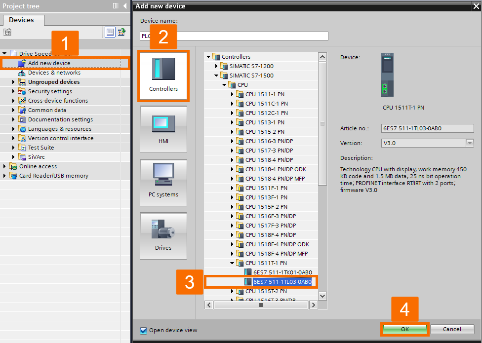 Figure 2.1: Siemens servo drive speed control - Adding PLC to the project