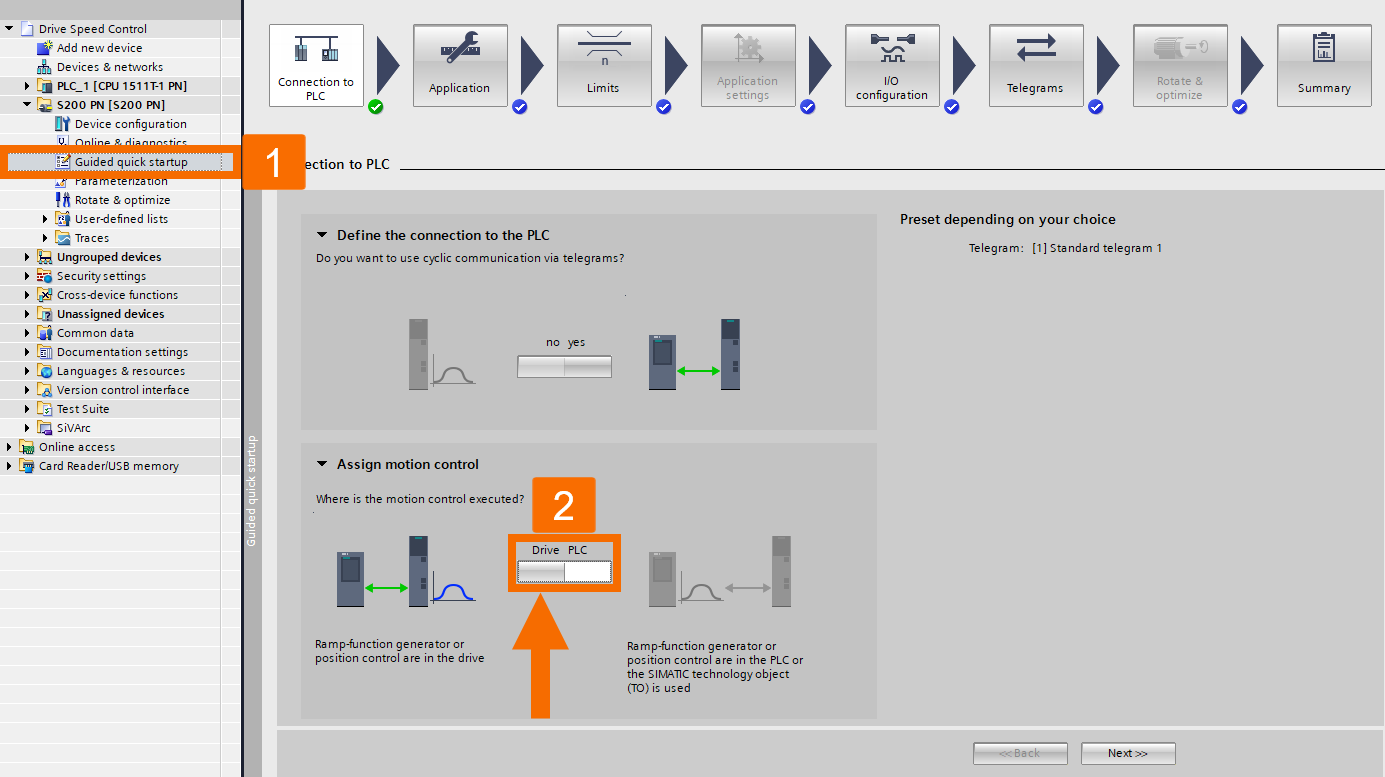 Figure 2.7: Siemens servo drive speed control - Accessing guided quick startup