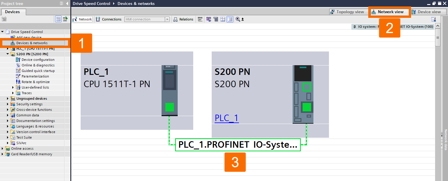 Figure 2.10: Siemens servo drive speed control - Configuring the network connection between PLC and drive