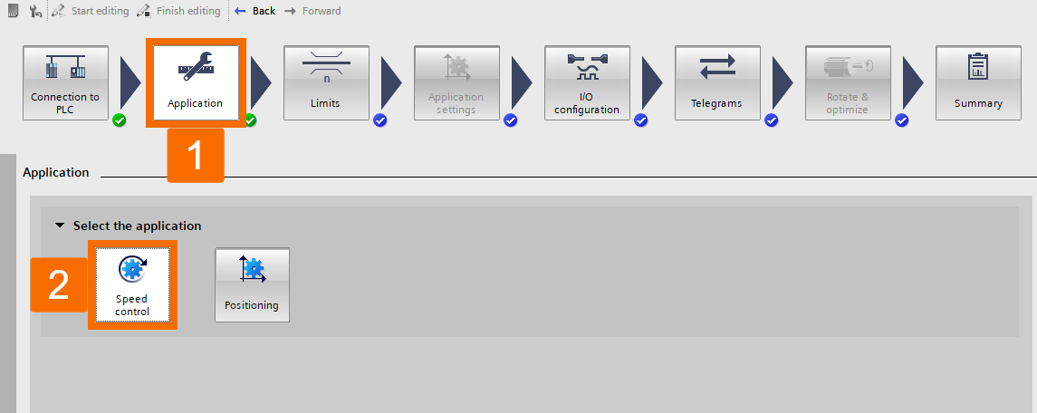 Figure 2.8: Siemens servo drive speed control - Selecting speed control application