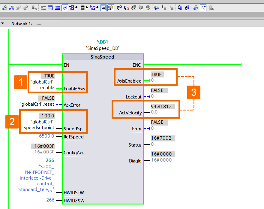 Figure 4.1: Siemens servo drive speed control - Adjusting speed setpoint and enabling the axis