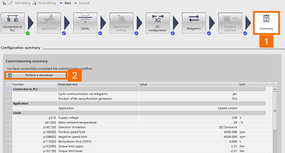 Figure 5.2: Siemens servo drive position control - Downloading offline configuration to the drive