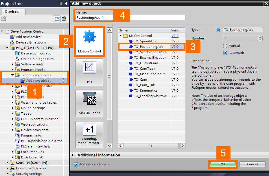 Figure 6.1: Siemens servo drive position control - Creating technology object for positioning