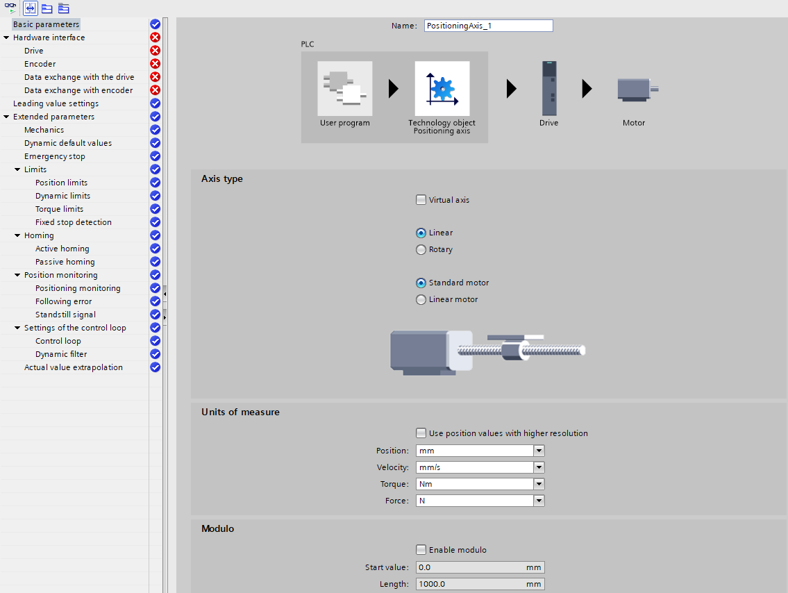 Figure 6.2: Siemens servo drive position control - Configuring fundamental parameters