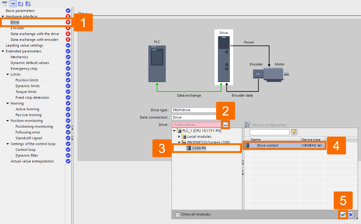 Figure 6.3: Siemens servo drive position control - Selecting the desired drive for applying technology object to it