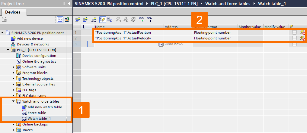 Figure 7.1: Siemens servo drive position control - Creating the desired watch and force table