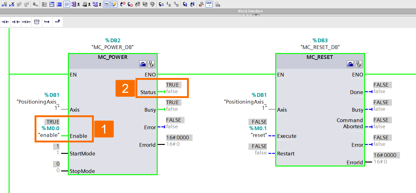 Figure 7.2: Siemens servo drive position control - Enabling the status of MC_Power