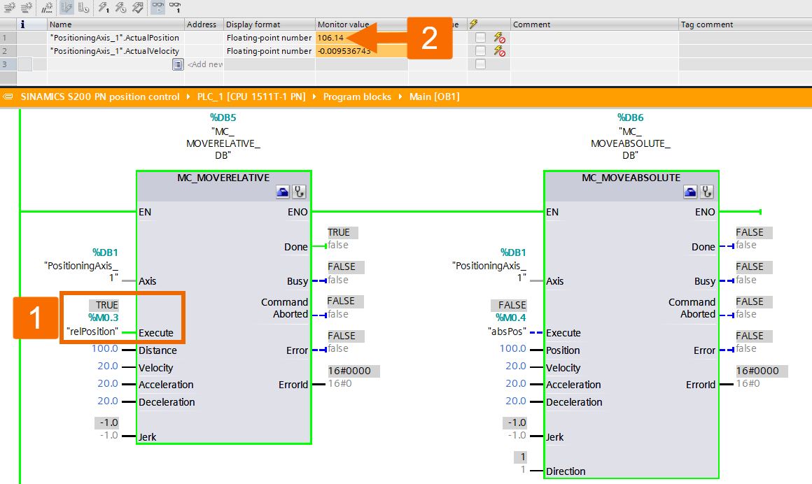 Figure 7.4: Siemens servo drive position control -  Enabling relative positioning and measuring the drive's actual position