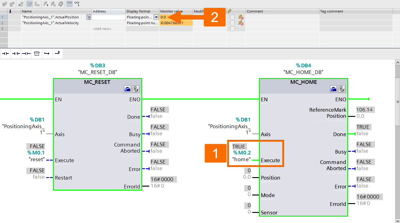 Figure 7.5: Siemens servo drive position control - Enabling the homing process and measuring the drive’s actual position