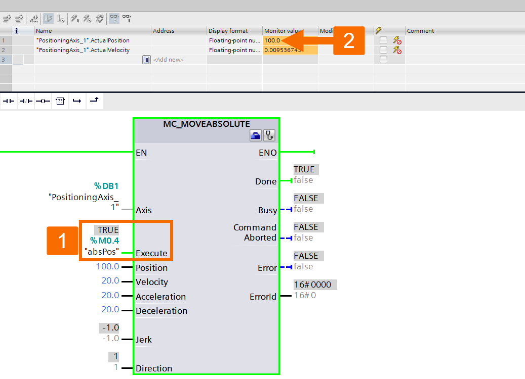 Figure 7.6: Siemens servo drive position control - Enabling absolute positioning and measuring the drive’s actual position