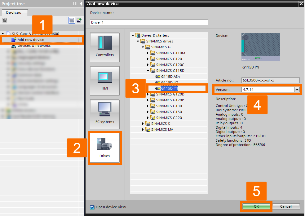 Figure 2.4: Enhancing Siemens drive safety - Adding Sinamics G115D drive to the project