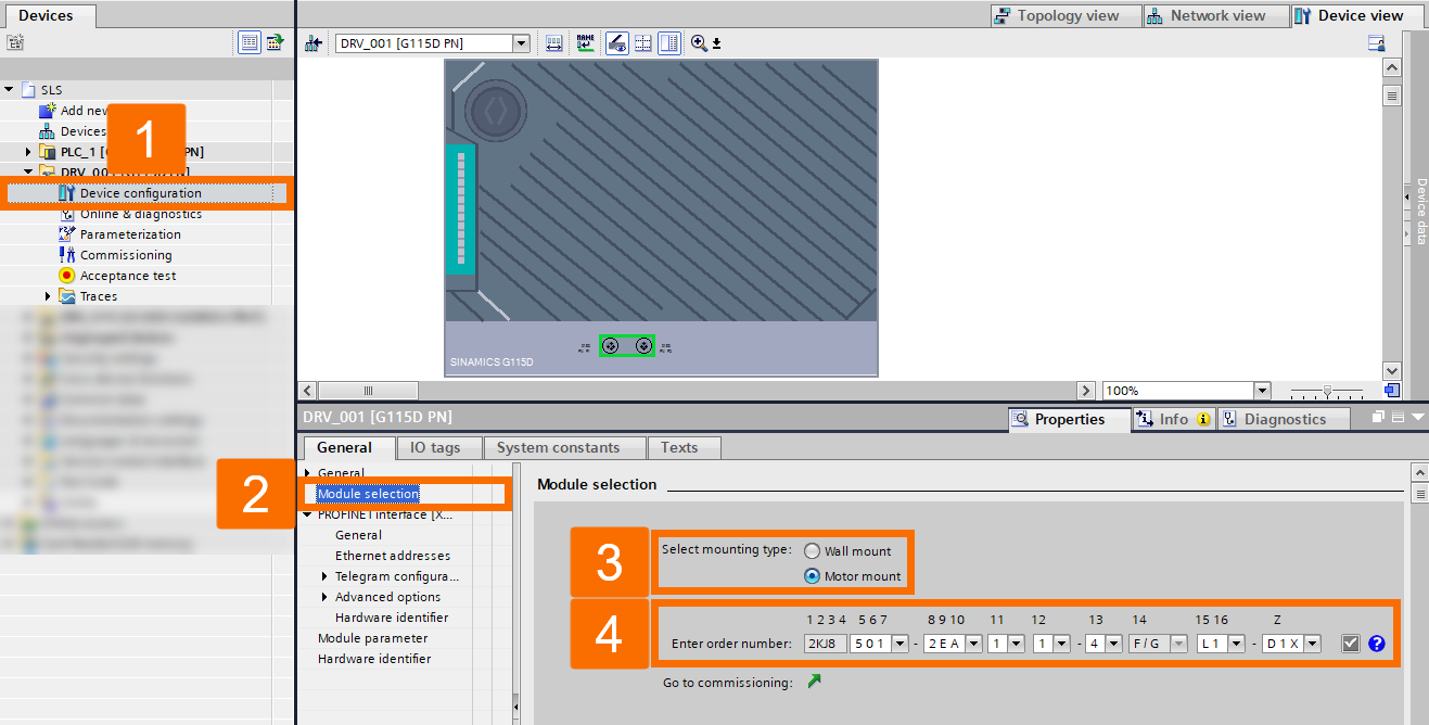 Figure 2.5: Enhancing Siemens drive safety - Configuring Sinamics G115D module selection