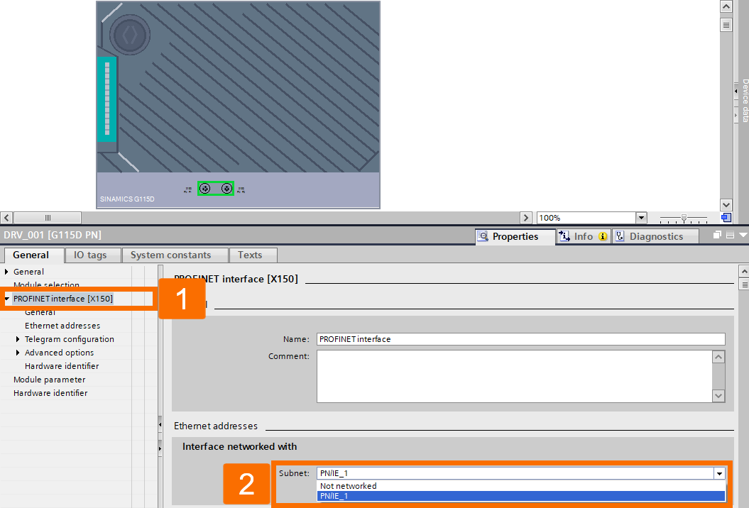 Figure 2.6: Enhancing Siemens drive safety - Configuring Sinamics G115D Profinet interface