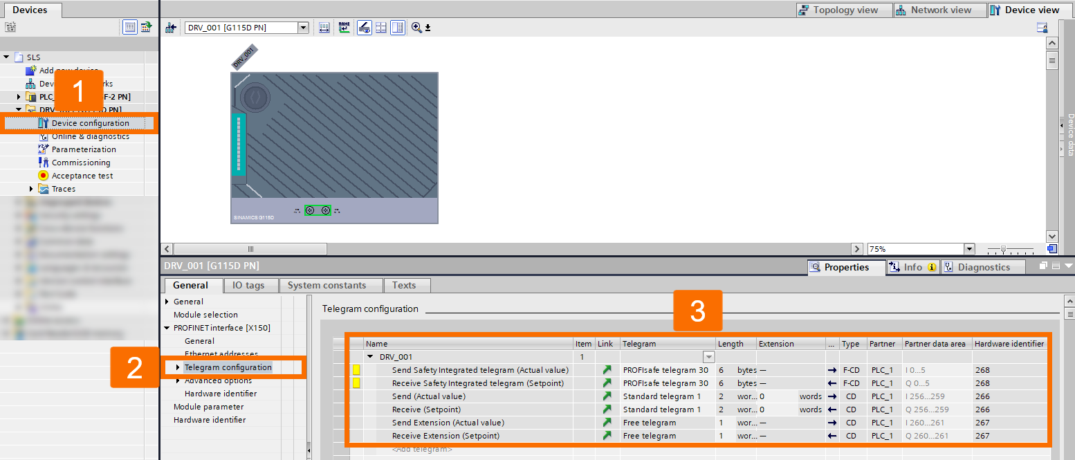 Figure 2.8: Enhancing Siemens drive safety - Telegram configuration of Sinamics G115D drive