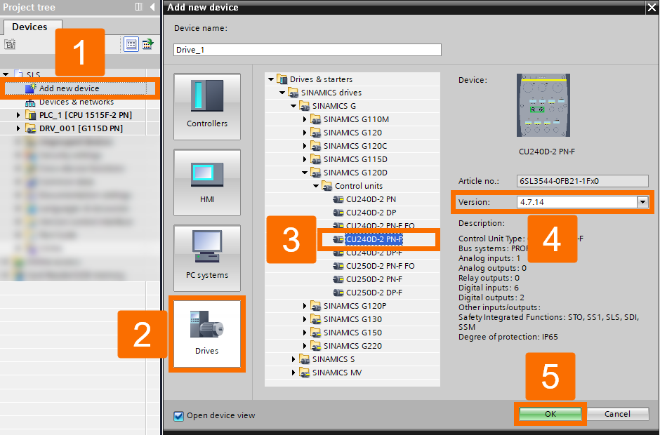 Figure 2.9: Enhancing Siemens drive safety - Adding Sinamics G120D drive to the project