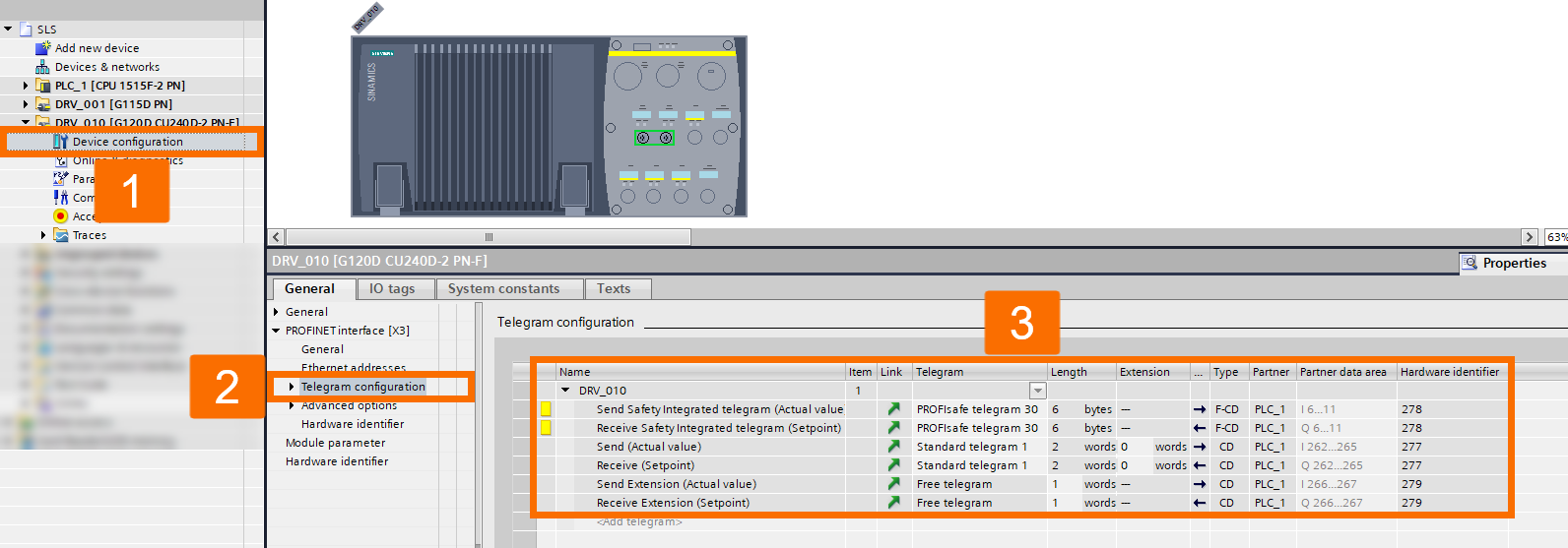 Figure 2.13: Enhancing Siemens drive safety - Telegram configuration of the Sinamics G120D drive