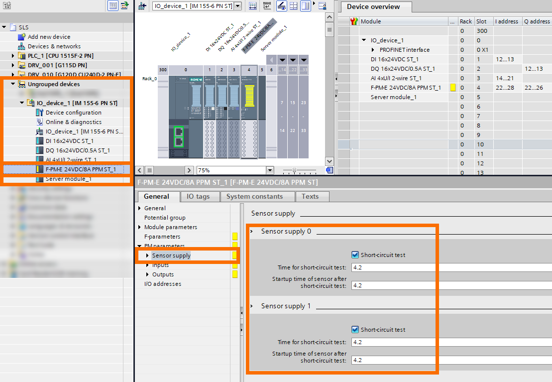 Figure 2.14: Enhancing Siemens drive safety - ET200SP configuration - Sensor supply