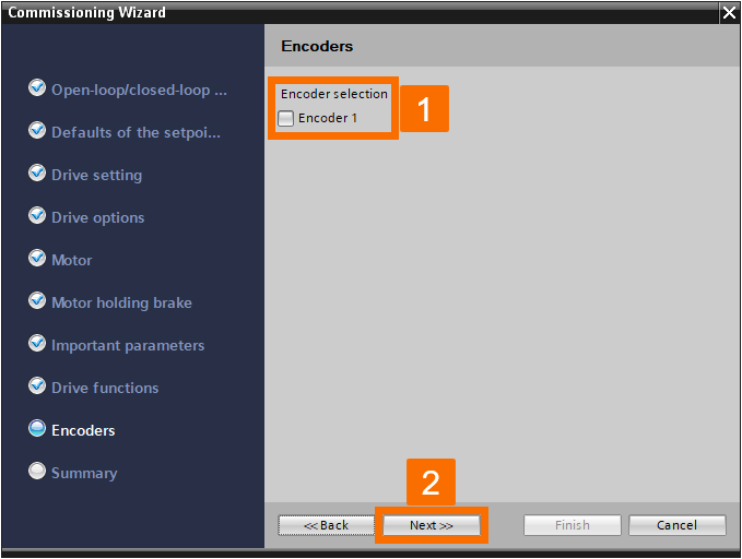 Figure 3.9: Enhancing Siemens drive safety - Configuring G115D drive - Encoder selection