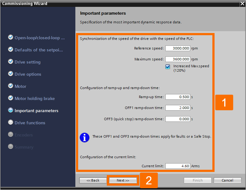 Figure 3.7: Enhancing Siemens drive safety - Configuring G115D drive - Important parameters