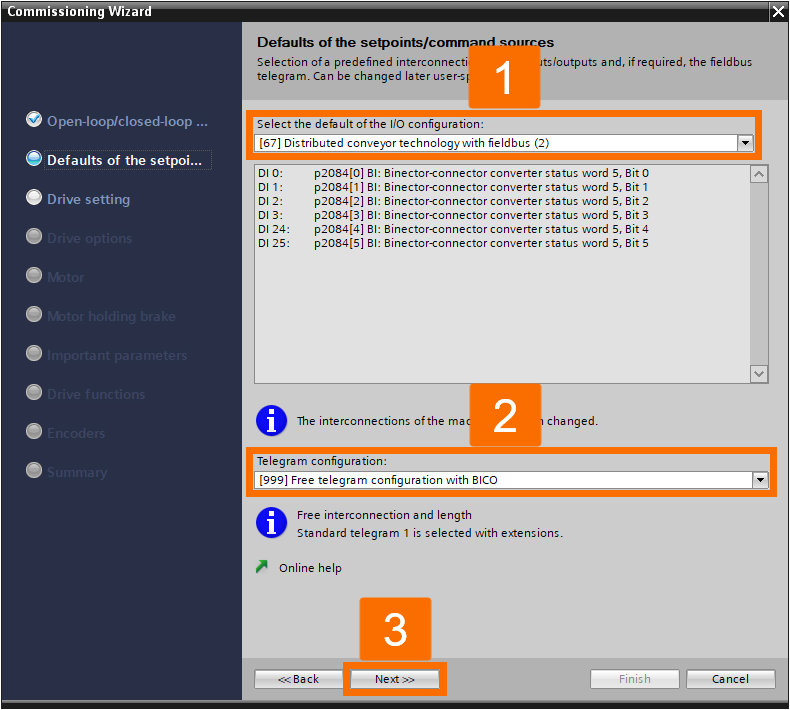 Figure 3.2: Enhancing Siemens drive safety - Configuring G115D drive - Defaults of the setpoints/command sources