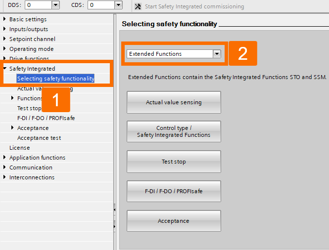 Figure 3.13: Enhancing Siemens drive safety - Configuring G115D drive - Selecting safety functionality