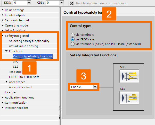 Figure 3.15: Enhancing Siemens drive safety - Configuring G115D drive - Control type/safety functions