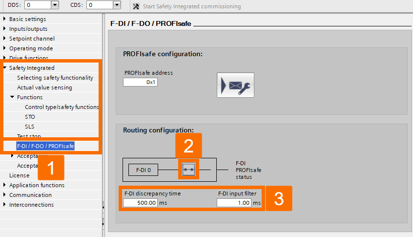 Figure 3.18: Enhancing Siemens drive safety - Configuring G115D drive - Routing configuration for fail-safe digital input