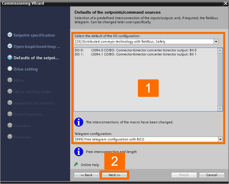 Figure 3.24: Enhancing Siemens drive safety - Configuring G120D drive - Defaults of the setpoints/command sources