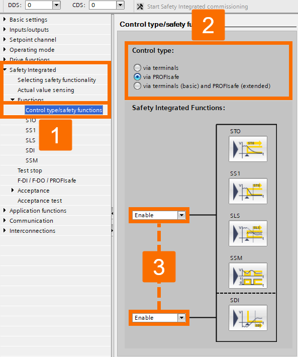 Figure 3.36: Enhancing Siemens drive safety - Configuring G120D drive - Control type/safety functions