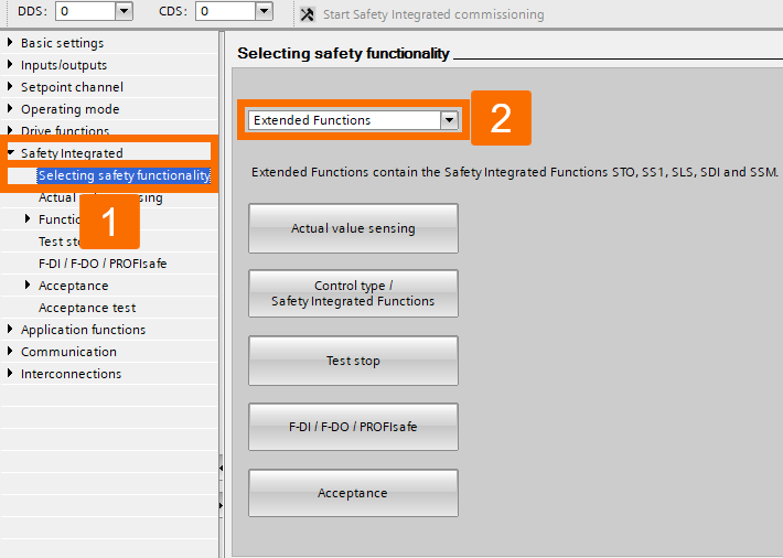 Figure 3.34: Enhancing Siemens drive safety - Configuring G120D drive - Selecting safety functionality