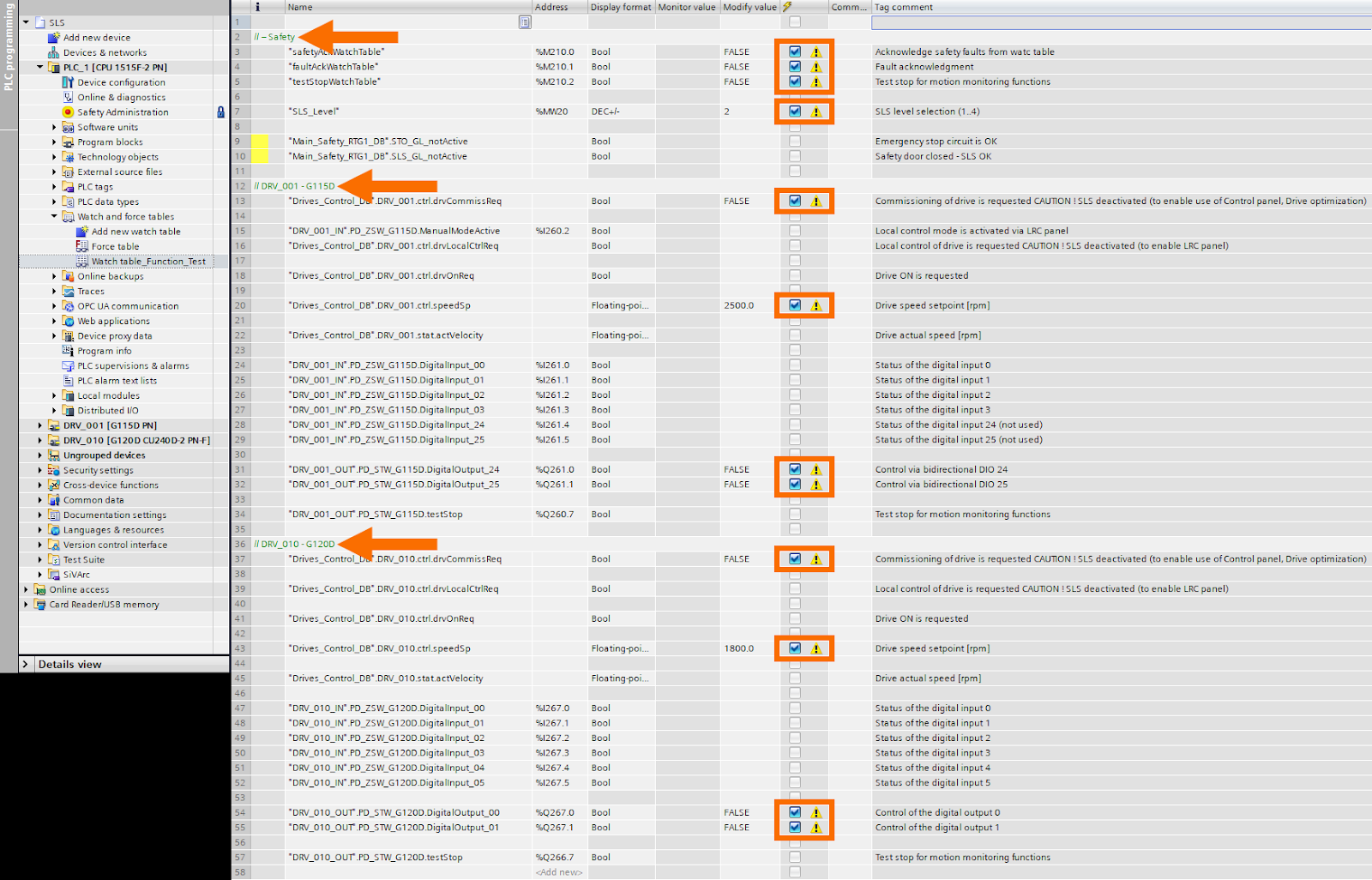 Figure 4.5: Enhancing Siemens drive safety - Monitoring relevant tags for proper functioning of the safety functions and drive control