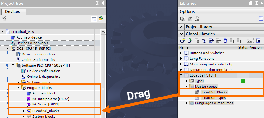 Figure 3.3: Balanced load distribution via Siemens PLC - Dragging LLoadBal_Blocks to the PLC program blocks folder