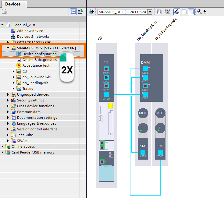 Figure 3.10: Balanced load distribution via Siemens PLC - Opening SINAMICS device configuration