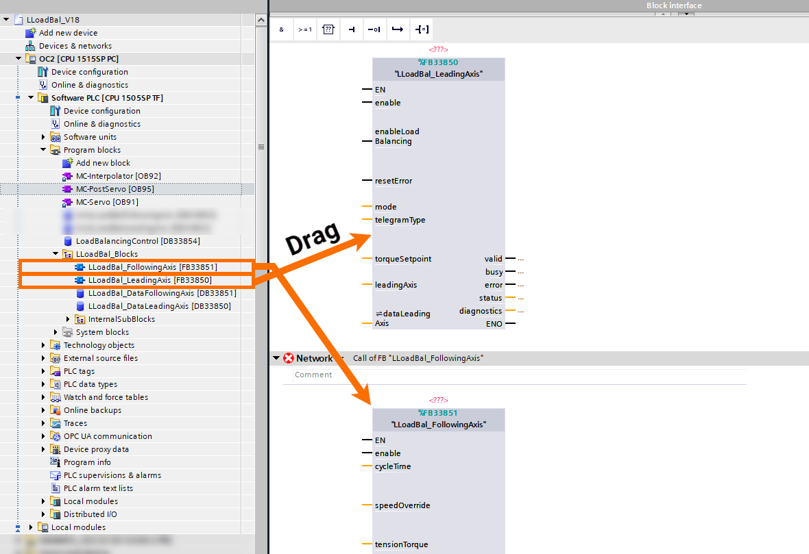Figure 3.5: Balanced load distribution via Siemens PLC - Inserting following and leading function blocks to OB95