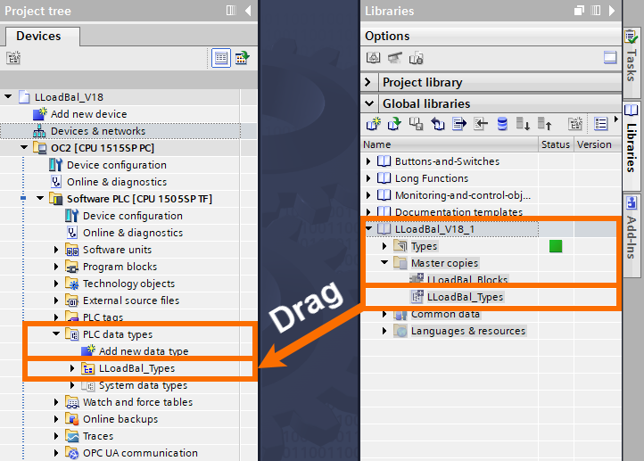 Figure 3.2: Balanced load distribution via Siemens PLC - Dragging LLoadBal_Types to the PLC data types folder