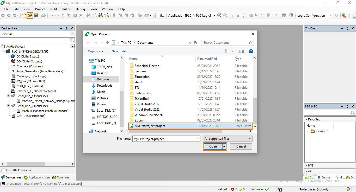 Figure 1.6: Opening a project.