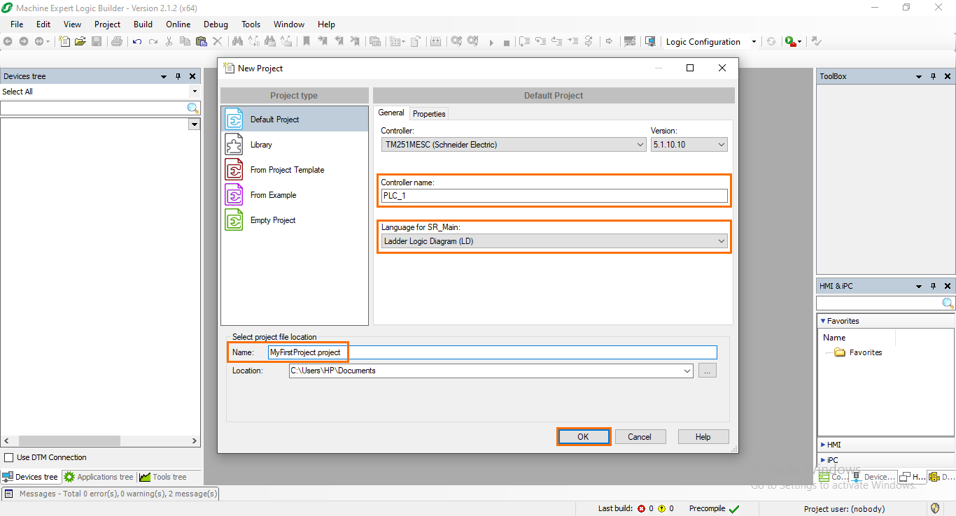 Figure 1.4: Configuring the new project.