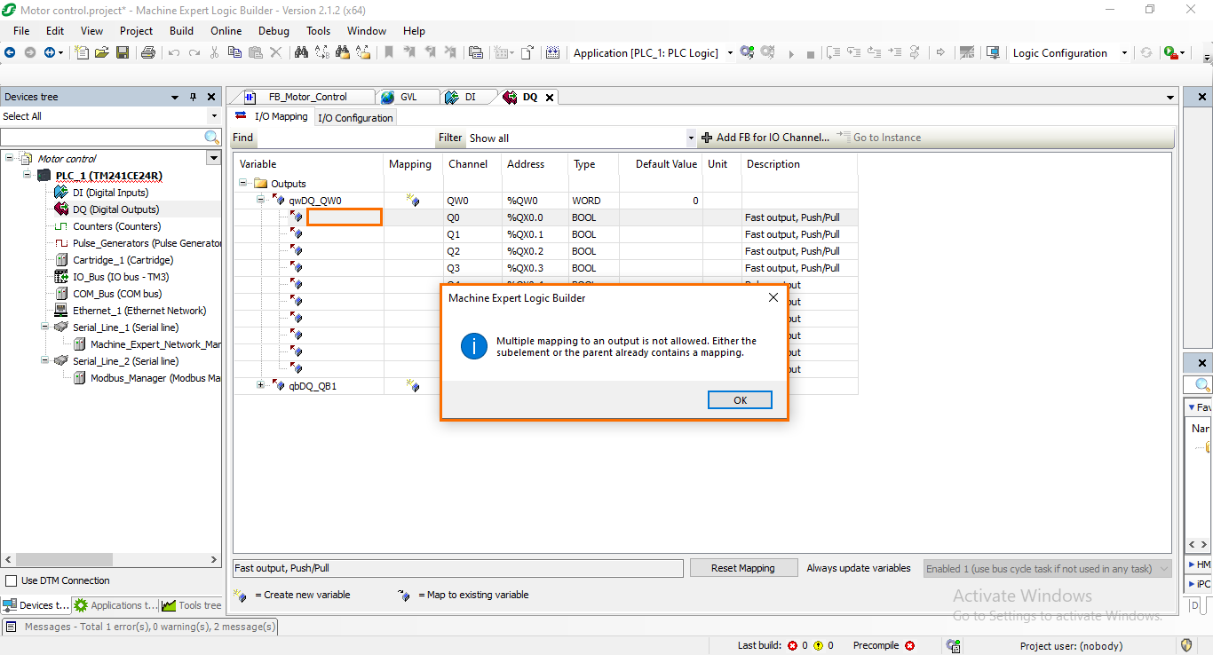 Figure 6.10: DQ mapping error message.