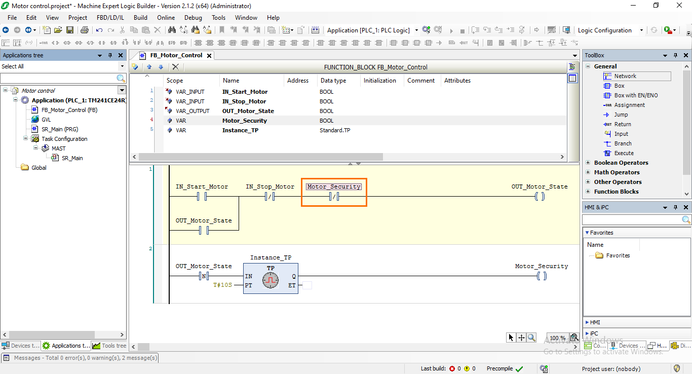 Figure 5.10: Adding the motor security variable to the first program.