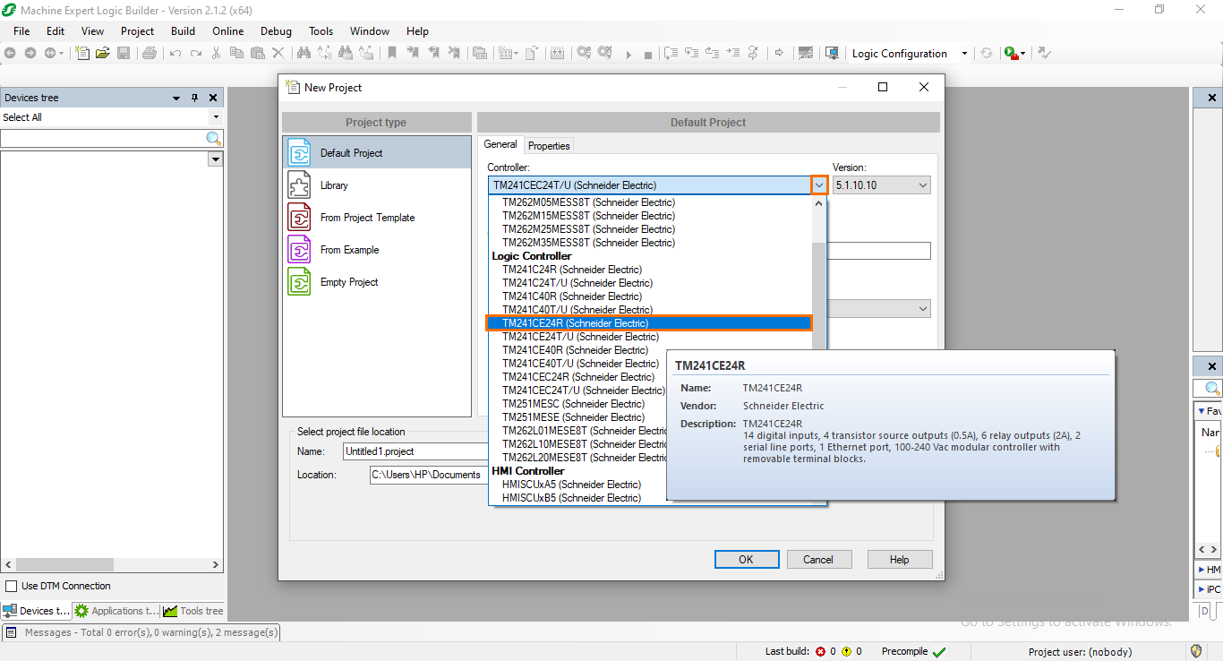 Figure 1.2: Selecting the controller model.