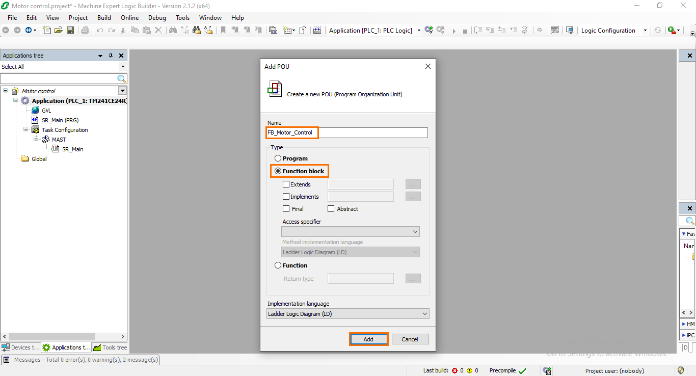 Figure 2.2: Configuring the POU as an FB.