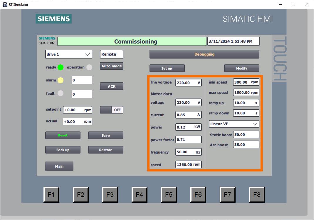 Figure 5.6: Siemens G120X/XA Drive Configuration with HMI - Inserting values of setup parameters