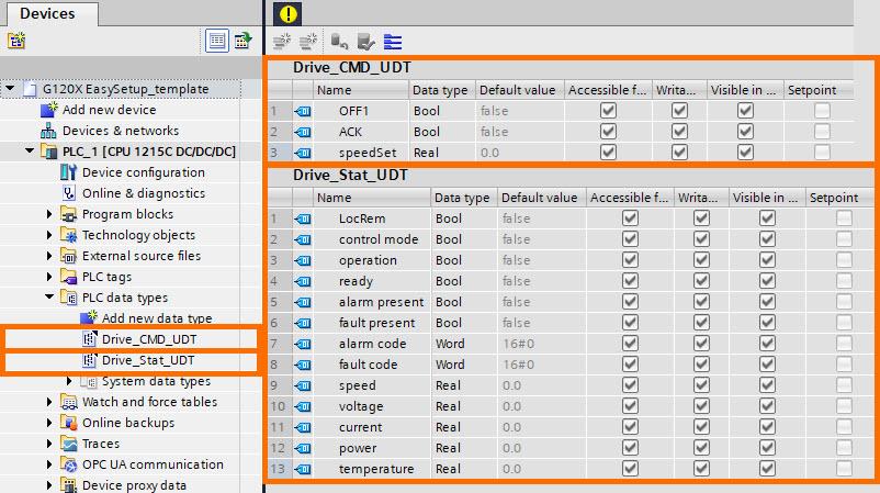 Figure 3.1: Siemens G120X/XA Drive Configuration with HMI - PLC data types