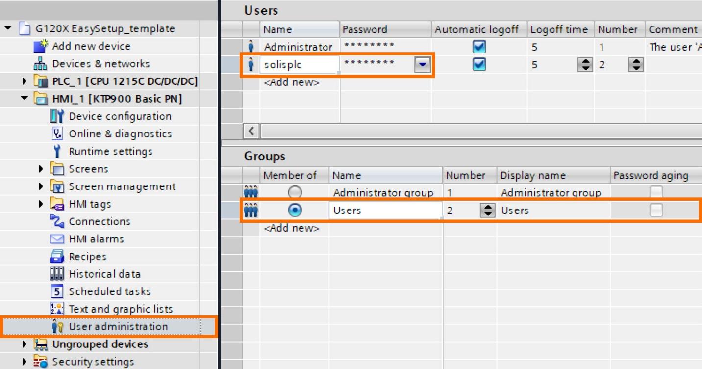 Figure 4.4: Siemens G120X/XA Drive Configuration with HMI - HMI user administration