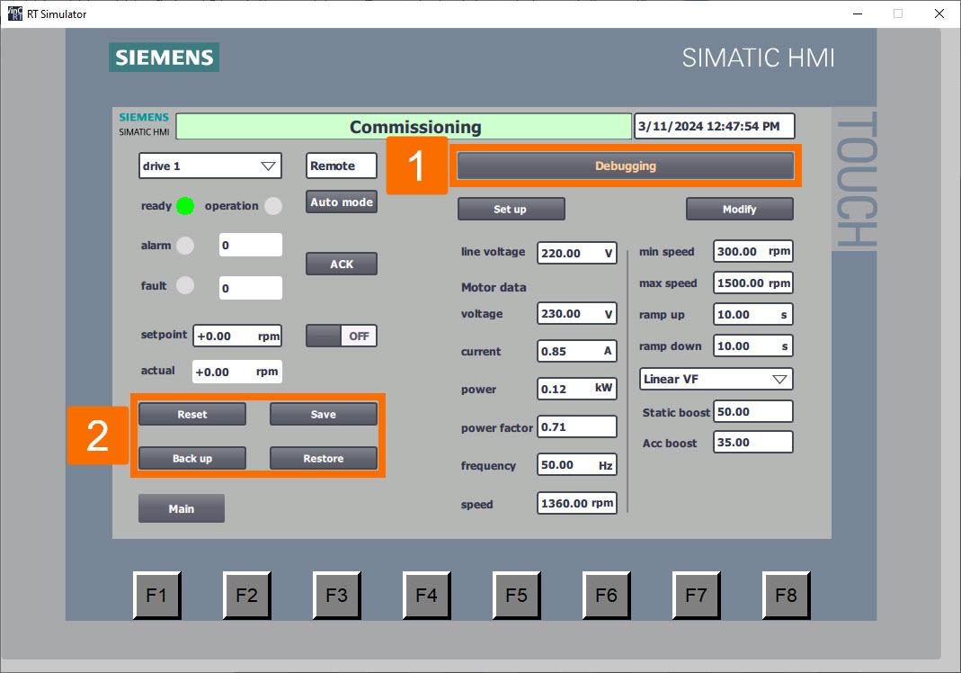 Figure 5.3: Siemens G120X/XA Drive Configuration with HMI - Activating setup function buttons