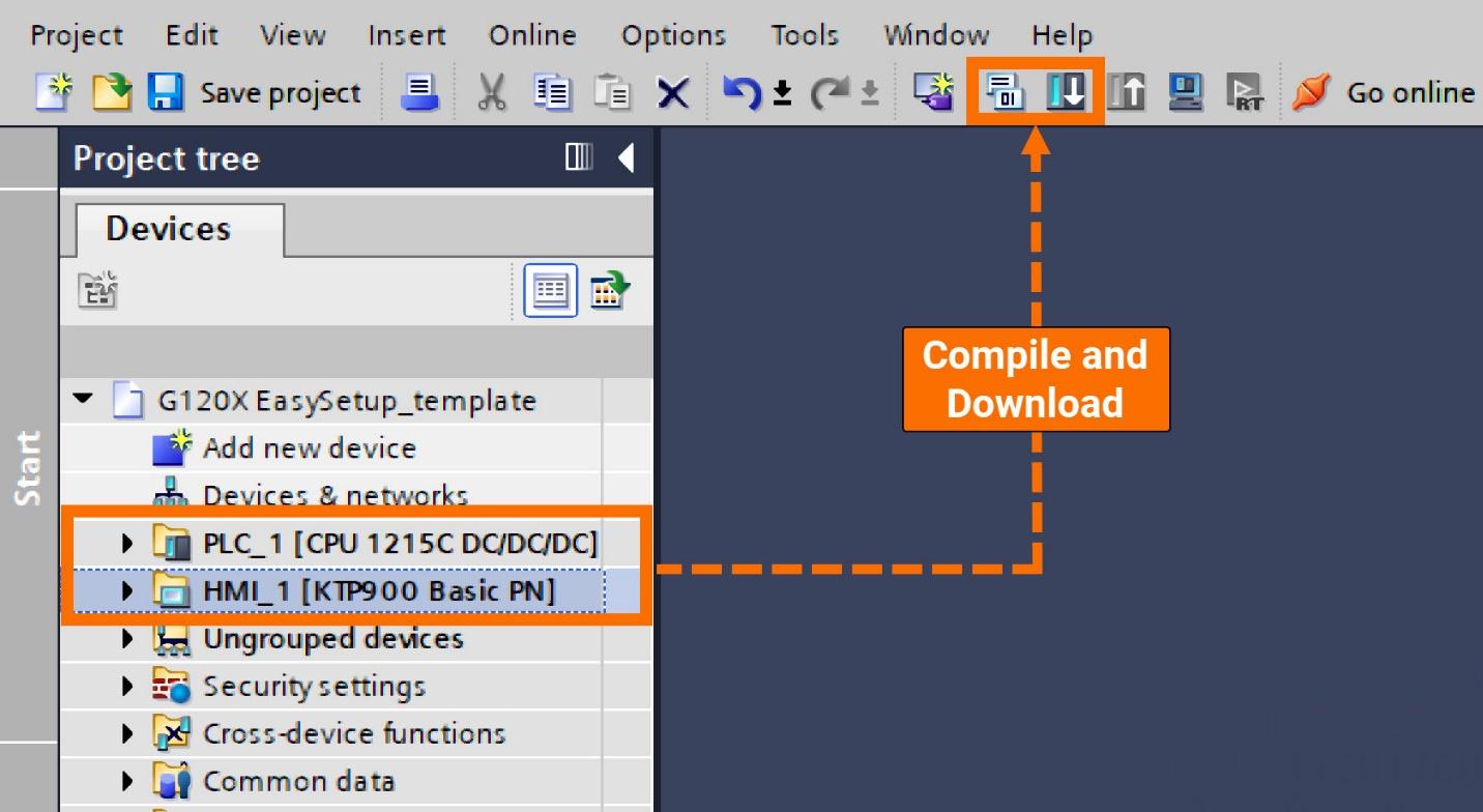 Figure 5.1: Siemens G120X/XA Drive Configuration with HMI - Compiling and downloading the project