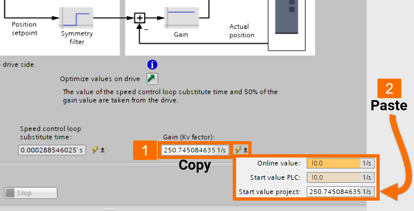 Figure 7.10: Technology objects for Siemens motion control systems - Pasting drive value for Kv factor