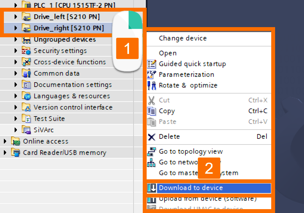 Figure 7.2: Technology objects for Siemens motion control systems - parameterization download for drives