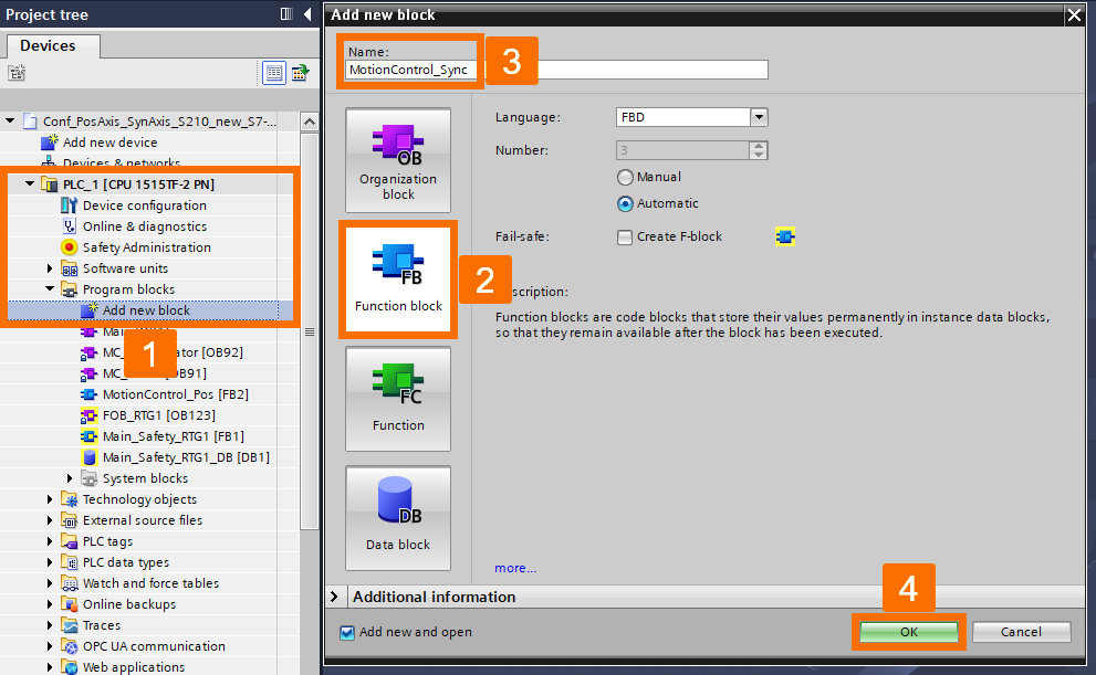 Figure 6.7: Technology objects for Siemens motion control systems - Creating FB for synchronizing motion control